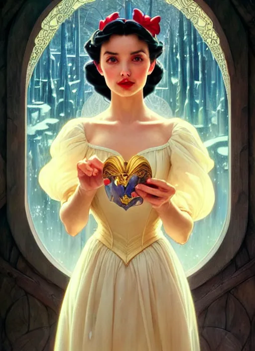 Image similar to disney snow white ( ( ana de armas ) ), dreamscape, girl, masterpiece, intricate, elegant, highly detailed, my rendition, digital painting, artstation, concept art, smooth, sharp focus, illustration, art by artgerm and greg rutkowski and alphonse mucha and uang guangjian and gil elvgren and sachin teng, symmetry!!