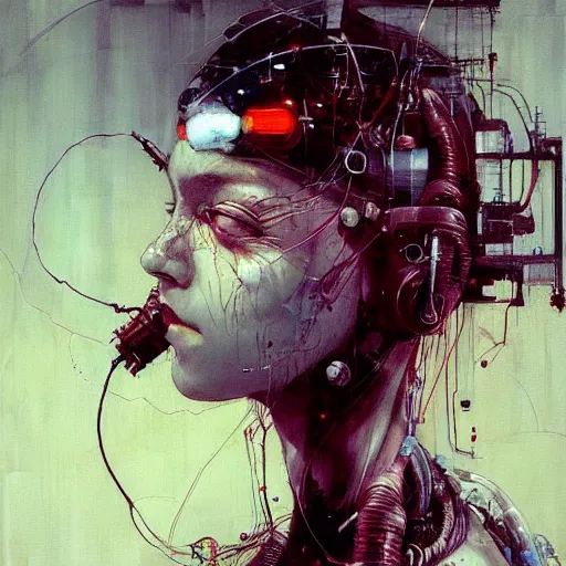 Prompt: female cyberpunk hacker dream thief, wires cybernetic implants, in the style of adrian ghenie, esao andrews, jenny saville,, surrealism, dark art by james jean, takato yamamoto