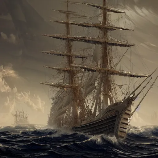 Image similar to a big sailing ship in heavy sea, hypermaximalistic, high details, cinematic, 8k resolution, beautiful detailed, insanely intricate details, artstation trending, octane render, unreal engine,