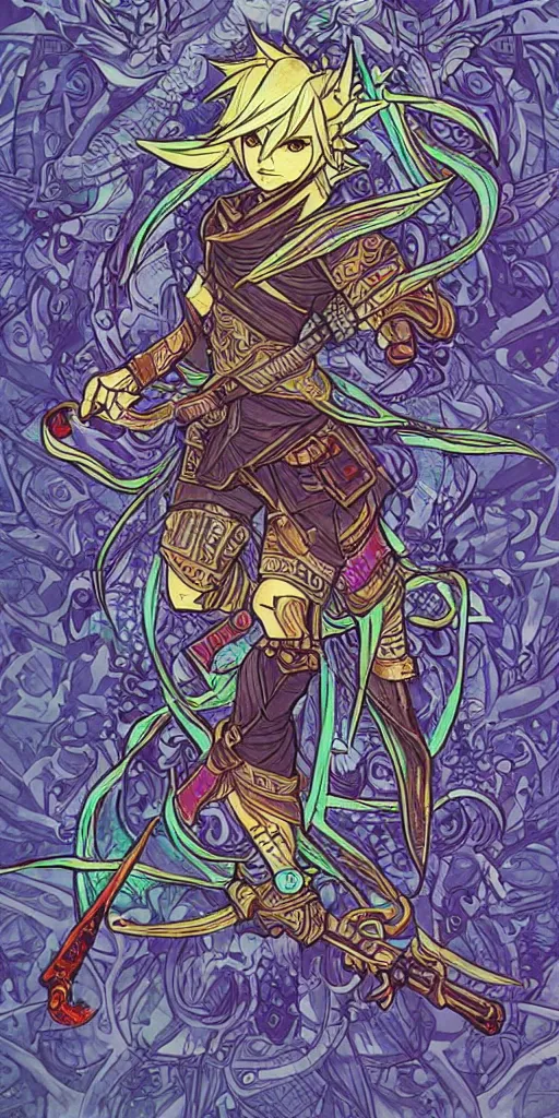 Prompt: a ninja from final fantasy 14, intricate, amazing line work, cosmic, psychedelic, cheerful, colorful, tarot cards,