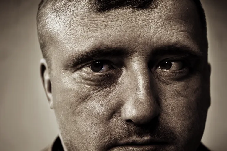 Prompt: an ultra realistic, cinematic headshot portrait of a prison guard, sat in an office, deep focus, dreamy, dramatic lighting, by hendrik kerstens