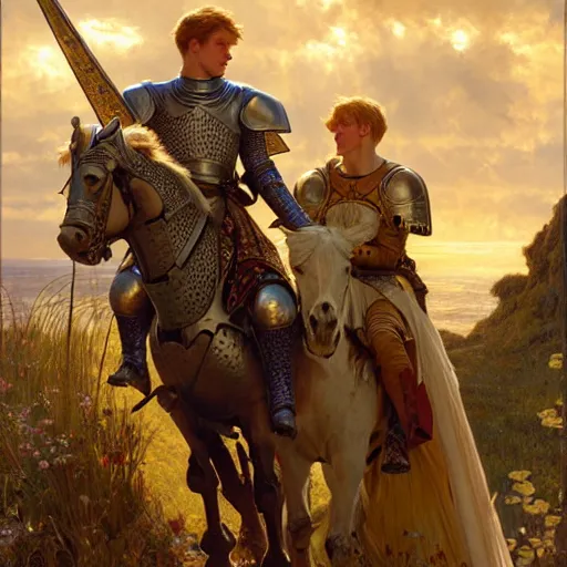 Image similar to attractive arthur pendragon and his favourite attractive male knight, they are in love, camelot, natural lighting, path traced, highly detailed, high quality, digital painting, by gaston bussiere and ross tran and j. c. leyendecker and alphonse mucha