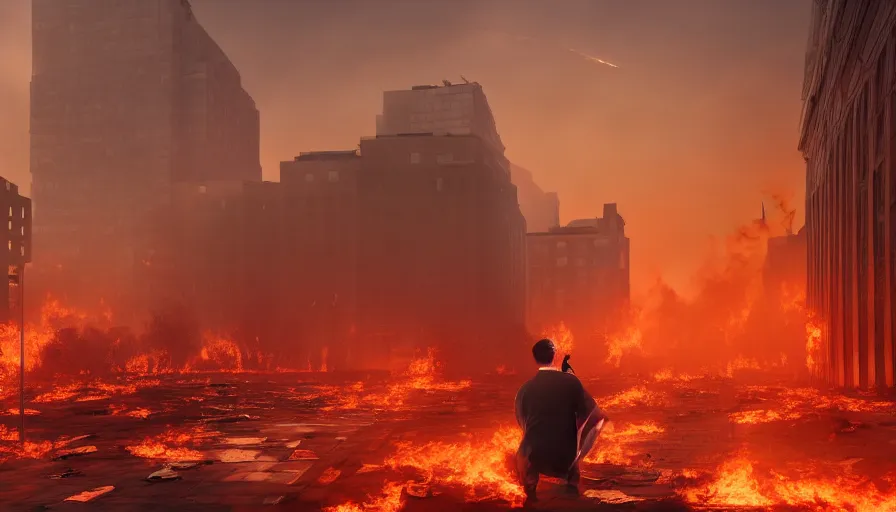 Image similar to sad man on his knees in burning washington dc, sky on fire, ashes, smoke columns, debris, collapsed buildings, hyperdetailed, artstation, cgsociety, 8 k