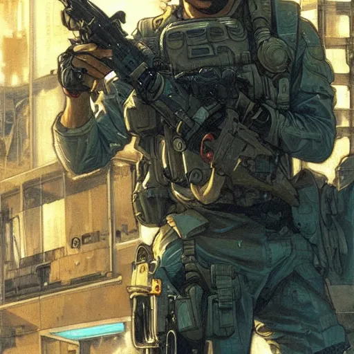 Prompt: Hector. USN special forces recon operator in futuristic gear, cyberpunk headset, laser guidance, on patrol in the Australian neutral zone, deserted city landscape. 2087. Concept art by James Gurney and Alphonso Mucha