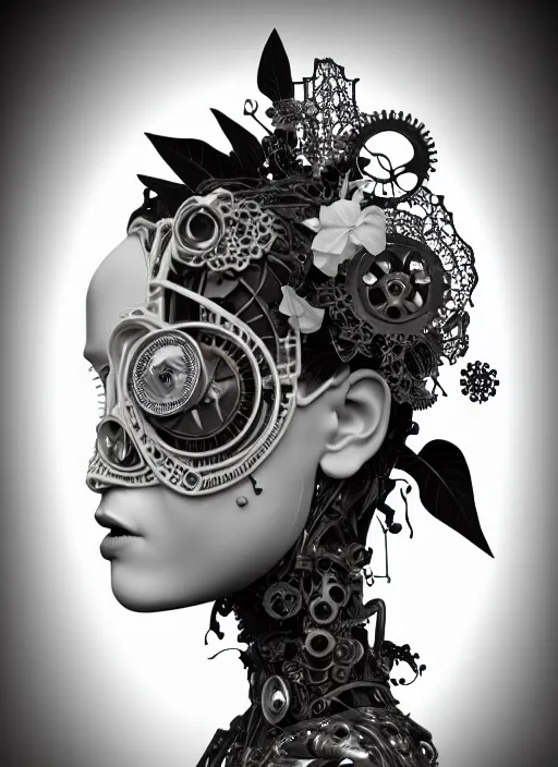 Image similar to black and white 3 d model, biomechanical female cyborg with porcelain profile face and a big floral eye, big leaves foliage and stems, morning glory flowers, hibiscus flowers, boho floral vines, sinuous fine roots, fine filigree foliage lace, alexander mcqueen, rim light, art nouveau fashion pearl embroidered, steampunk, redshift render, 8 k