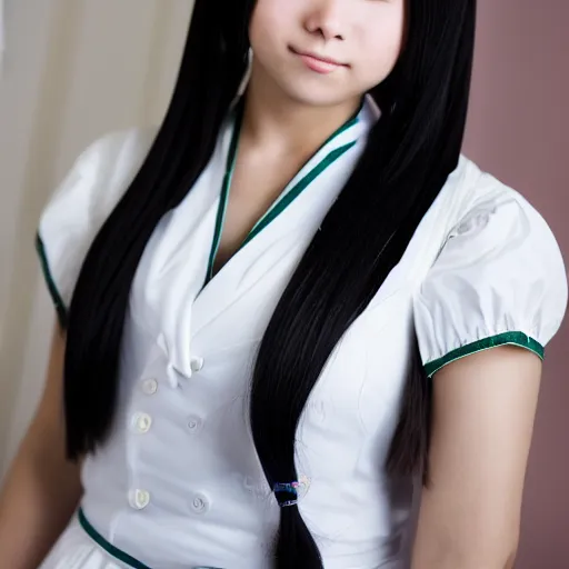 Prompt: a symmetric and beautiful face, professional full length high definition photo of a young woman with twin tails and maid uniform, photo taken with Sony a7R