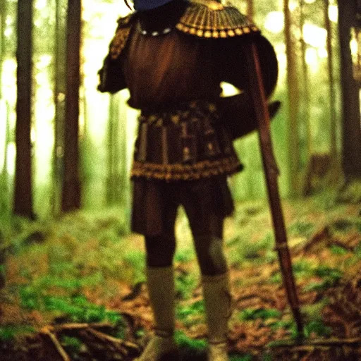 Image similar to close up kodak portra 4 0 0 photograph of a roman legimeer after the battle standing in dark forest, moody lighting, telephoto, 9 0 s vibe, blurry background, vaporwave colors, faded