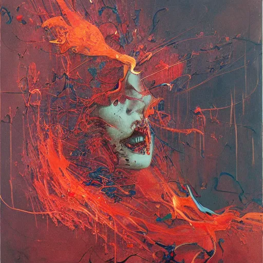 Image similar to a devouring abstract splatters of paint in the style of francis bacon, engulfing flames in the style of james jean, surreal, beksinski, high detailed