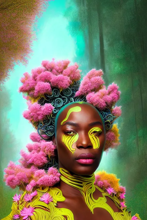 Image similar to illustration neo - rococo cinematic super expressive! yoruba goddess with exoskeleton armor, merging with tree in a forest, pink yellow flowers, highly detailed digital art masterpiece, smooth etienne sandorfi eric zener dramatic pearlescent soft teal light, ground angle hd 8 k, sharp focus