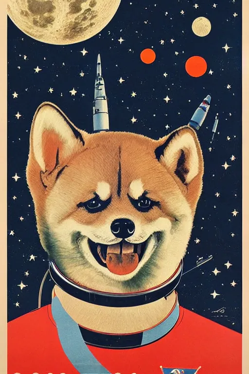 Image similar to Shiba Inu cosmonaut portrait, moon mission, 60s poster, 1968 Soviet Japanese