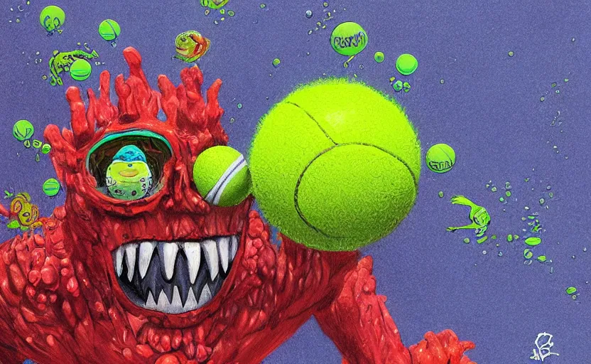 Image similar to a tennis ball monster, colorful, underwater, digital art, fantasy, magic, chalk, trending on artstation, ultra detailed, professional illustration by basil gogos