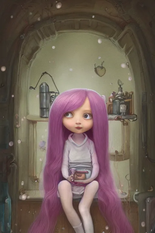 Image similar to highly detailed, natural light portrait of a young adult princess bubblegum from adventure time, experimenting in her castle lab, wearing lab coat & saftey goggles, long bubblegum hair with long straight bangs, beautiful, extremely cute, adorable, illustration concept art by nicoletta ceccoli, mark ryden, lostfish, detailed and intricate environment, 8 k resolution, hyperrealistic, octane render