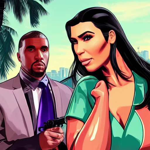 Image similar to videogame cover of gta 6 miami kim kardashian and george floyd accurate eyes