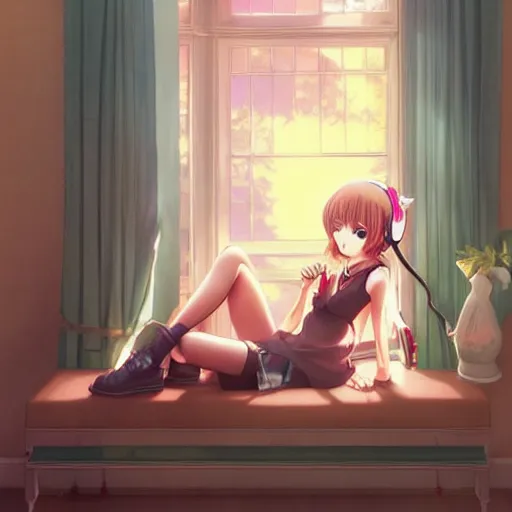 Prompt: anime beautiful girl sits on the sofa and listens to music, the sun shines through the window, highly detailed, 8 k, pixiv, in style of kyoto animation, art by artgerm and cushart krenz