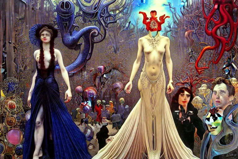 Image similar to realistic extremely detailed portrait painting of an elegant vampire in a crowded futuristic street, detailed alien crowd in the background by Jean Delville, Amano, Yves Tanguy, Alphonse Mucha, Mark Brooks, Ernst Haeckel, Edward Robert Hughes, Roger Dean, rich moody colours, blue eyes