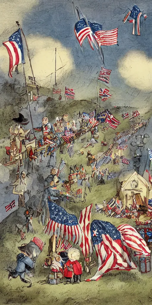 Image similar to a 1 7 7 6 4 th of july day scene with american and british soldiers by alexander jansson, joel fletcher, owen klatte, angie glocka, justin kohn, maurice sendak. 4 th of july day color palette.