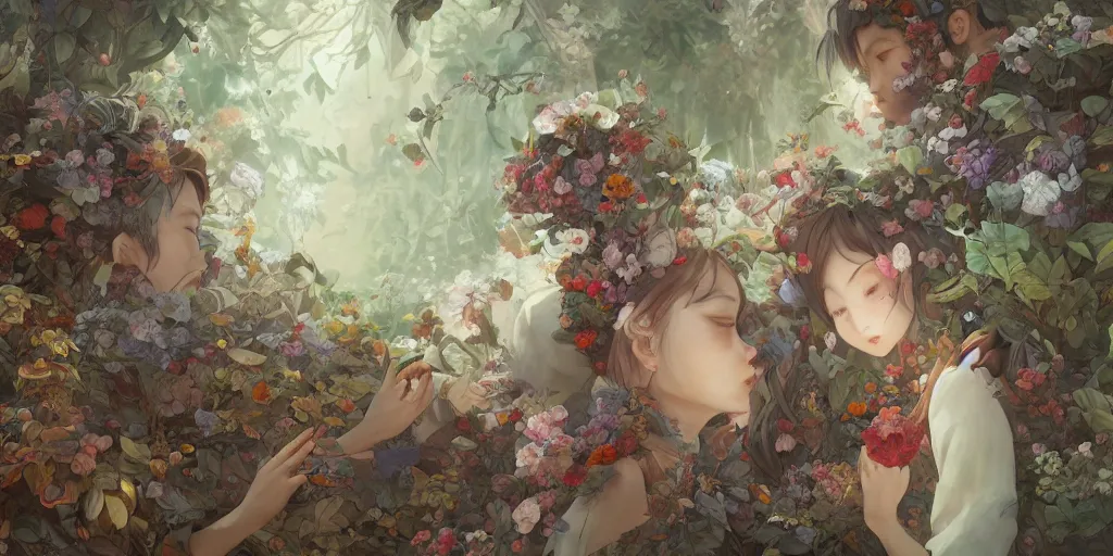 Image similar to breathtaking detailed concept art painting of kissing humanoid bears, amalgamation of leaves and flowers, by Hsiao-Ron Cheng, James jean, Miho Hirano, Hayao Miyazaki, extremely moody lighting, 8K