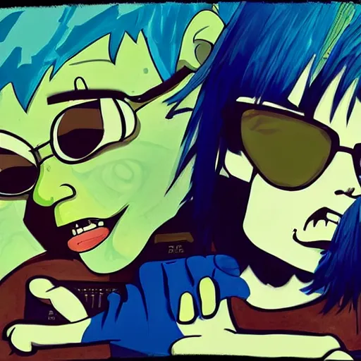 Image similar to 2 d gorillaz playing a keyboard, messy blue hair, portrait, gorillaz style, jamie hewlett, digital art