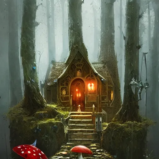 Prompt: greg rutkowski.amanita muscaria smurf house