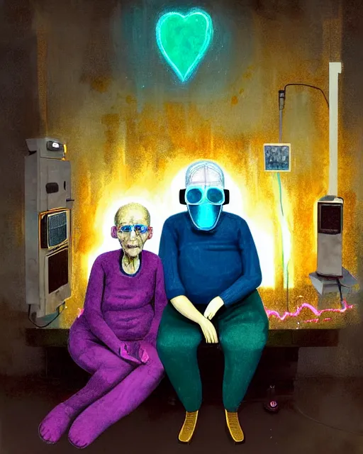 Prompt: Two skinny old people draped in silky gold, green and pink, gas masks connected to heart bypass machines, inside an abandoned hospital room, they sit next to a fireplace with swirling blue flames, the world is insane, lost in despair, transhumanist speculative evolution, in the style of Adrian Ghenie, (((Luke Chueh))), Jenny Saville, daniel richter, Edward Hopper, surrealism, dark art, illustration by Mariko Mori