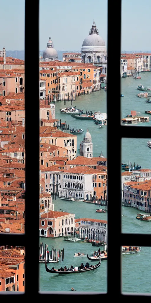 Image similar to window in foreground, venice in background, by wes anderson