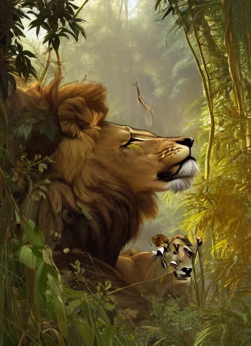 Prompt: illustration of a lion hunting a deer in the jungle, highly detailed, digital painting, artstation, concept art, smooth, sharp focus, illustration, art by artgerm and greg rutkowski and alphonse mucha