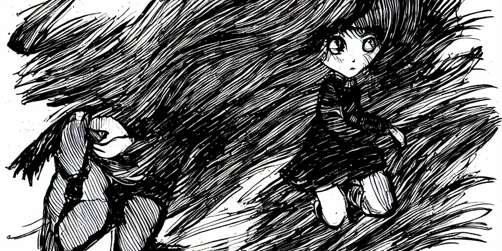 Prompt: ink lineart drawing of a chibi girl running, mange style, white background, etchings by goya, chinese brush pen illustration, high contrast, deep black tones, contour