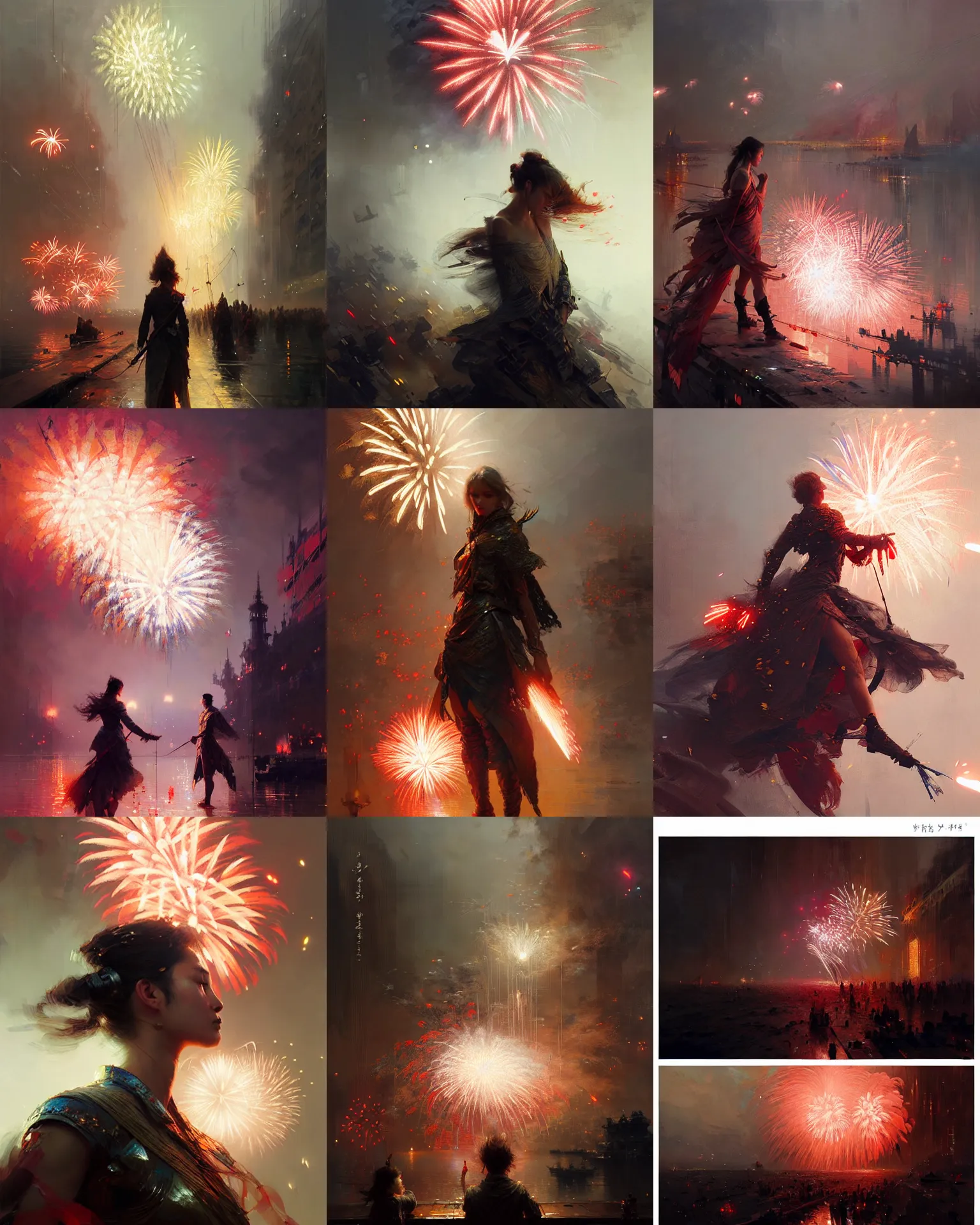 Prompt: romantic fireworks, intricate, sharp focus, illustration, highly detailed, digital painting, concept art, matte, art by ruan jia and wlop and greg rutkowski, masterpiece