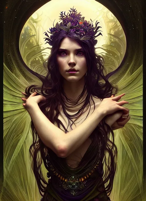 Image similar to a beautiful cinematic female druid goddess, galatic shamen with Quantum energy fantasy, fantasy magic, undercut hairstyle, dark light night, intricate, elegant, sharp focus, illustration, highly detailed, digital painting, concept art, matte, art by WLOP and Artgerm and Greg Rutkowski and Alphonse Mucha, masterpiece