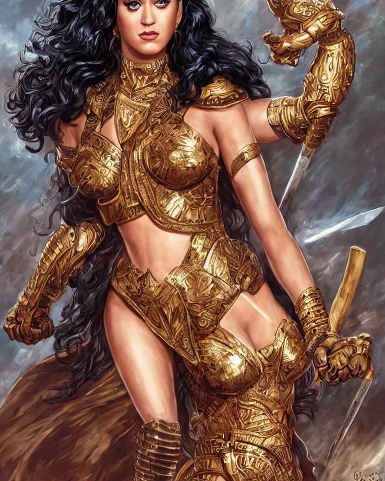 Image similar to katy perry as an amazon warrior, a tall beautiful woman with brown skin and long hair, dressed in hellenistic body armor, intricate, elegant, highly detailed, smooth, sharp focus, detailed face, art by ardian syaf