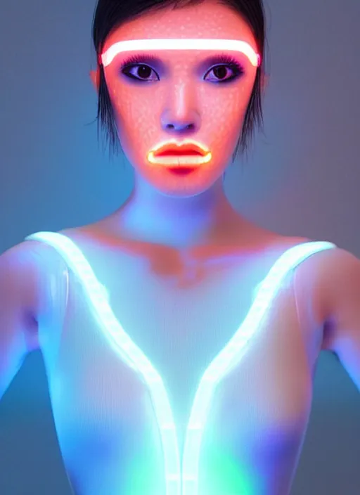 Image similar to female japan humanoid with freckled cheeks, cyber neon lighting, retro futurism, intricate futuristic led lit jewelry, retro futuristic glossy white latex swimwear, profile posing, hyper photorealistic, crispy quality, digital photography, trending in artstation, trending in pinterest, cinematic, 4 k ultra hd, art by pascal blanche, art by greg rutkowski,