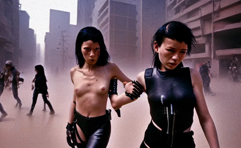 Prompt: cinestill 5 0 d photographic portrait by helen levitt of two loving female cyborgs wearing sexy black waist cutout techwear in a brilliant cyberpunk city, extreme closeup, modern cyberpunk, dust storm, 8 k, hd, high resolution, 3 5 mm, f / 3 2, ultra realistic faces, intricate detail, ex machina