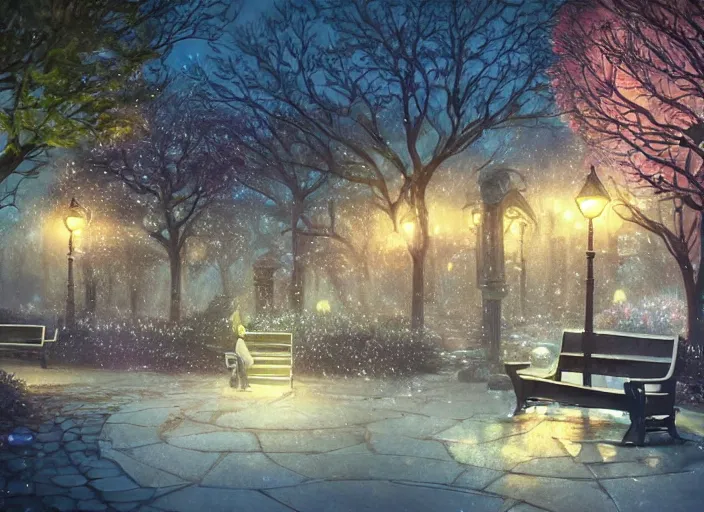 Image similar to a magical mystical fantasy fae garden full of benches, a fountain, and a tree of life. Atmospheric lighting, romantic, cold lighting, snowy. By Makoto Shinkai, Stanley Artgerm Lau, WLOP, Rossdraws, James Jean, Andrei Riabovitchev, Marc Simonetti, krenz cushart, Sakimichan, D&D trending on ArtStation, digital art.