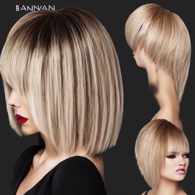Prompt: avant runway hairstyle professional designer hair bangs, full body volume hairstyle, high detail, curves and straight combed with professional salon stylist products, studio lighting, smooth sharp focus