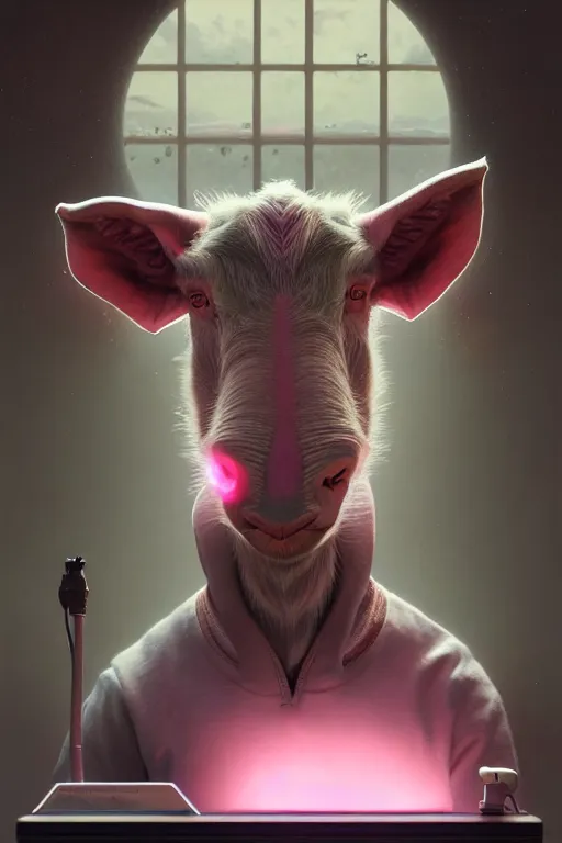 Image similar to highly detailed portrait of a goat pig hybrid with pink elephant trunk working on a computer, stephen bliss, unreal engine, fantasy art by greg rutkowski, rhads, ferdinand knab, makoto shinkai and lois van baarle, ilya kuvshinov, rossdraws, tom bagshaw, global illumination, radiant light, red blue theme, pine forest