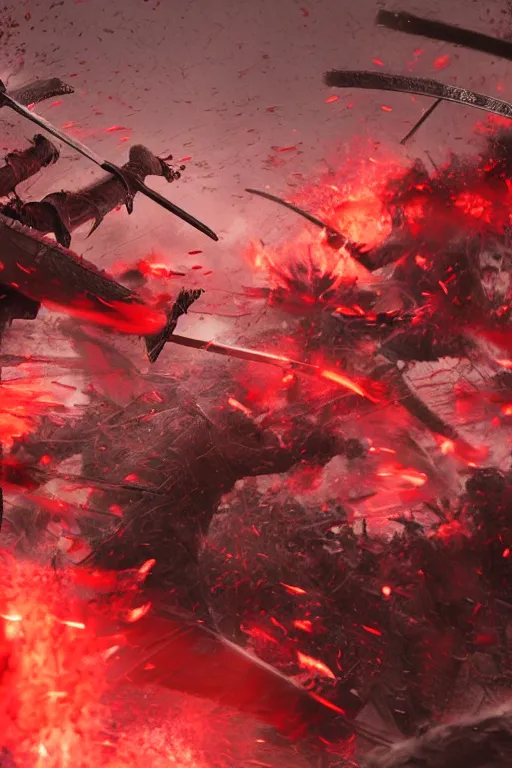 Prompt: a close up shit of the bloodiest samurai battle in history. Two samurai dueling, many dead with Sashimono. Greg rutkowski legendary matte painting.. 4k, particles light,