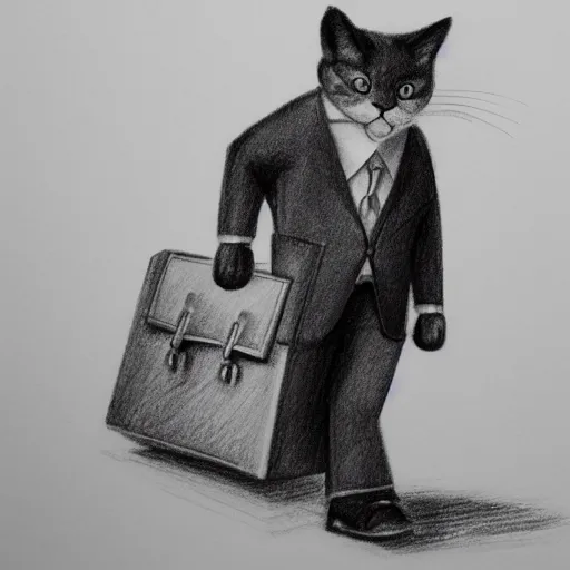 Prompt: 3D photorealistic pencil drawing of a cat in a suit with a briefcase on his way to work