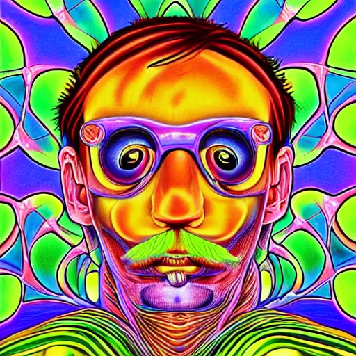 Prompt: mario relaxing by alex grey, psychedelic, vibrant, digital art, acrylic,