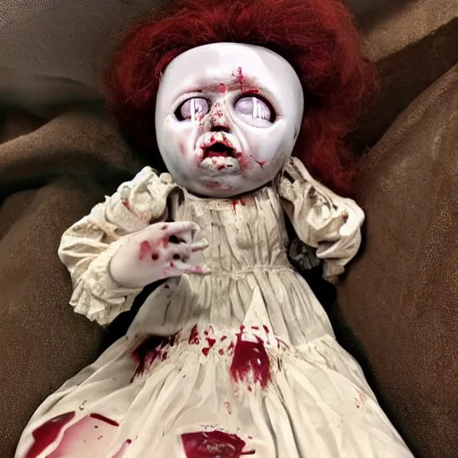 Image similar to macabre abandoned doll, blood stained, few broken hairs, one eye, terrifying