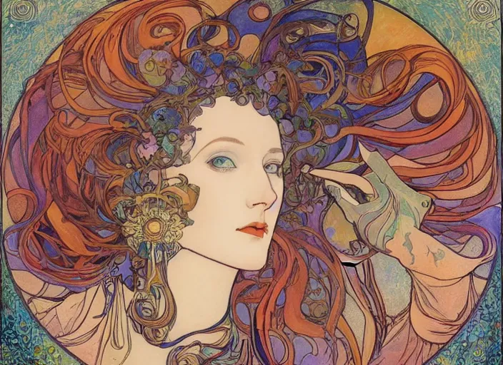 Image similar to The Goddess of Life and Creation, beautiful eyes, symmetrical face, paint, ink, palettes, spectrum, in the style of Joshua Middleton, Mucha, Kandinsky