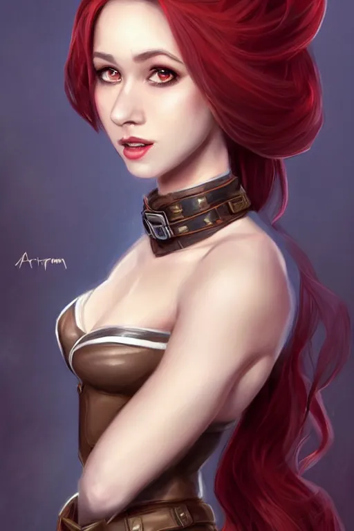 Image similar to a full body portrait of a gorgeous female ranger, looking at camera, D&D, choker on neck, stylish dress, very long flowing red hair, intricate, elegant, stylish, cute slightly nerdy smile, mouth slightly open, fantasy, extremely detailed, digital painting, artstation, concept art, smooth, sharp focus, illustration, stunning lighting, art by artgerm and greg rutkowski and alphonse mucha and simon stalenhag