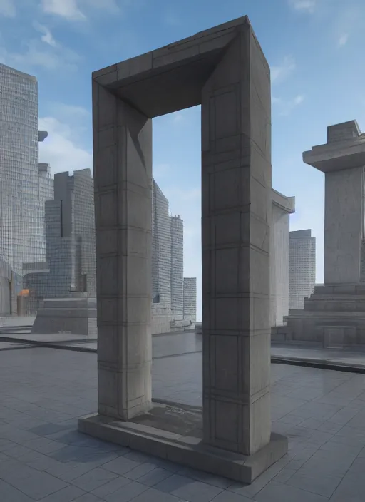 Image similar to highly detailed realistic architecture 3 d render of a futuristic stele monument in ieoh meng pei style standing in city park, archdaily, made in unreal engine 4 octane render