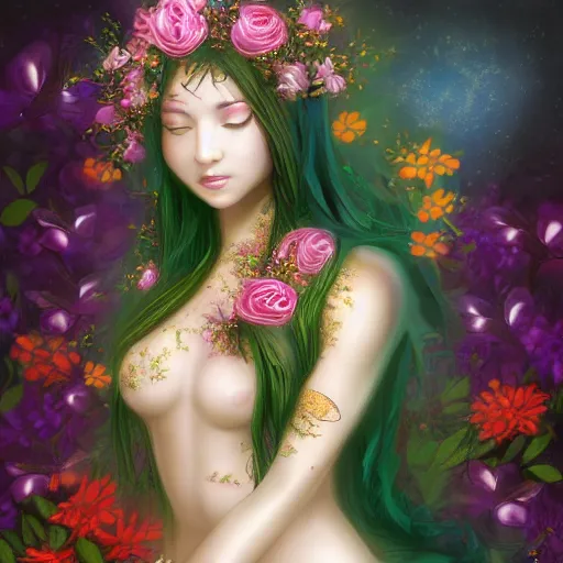 Image similar to beautiful digital drawing of a goddess with flowers surrounding her, qinni, deviantart, trending on artstation