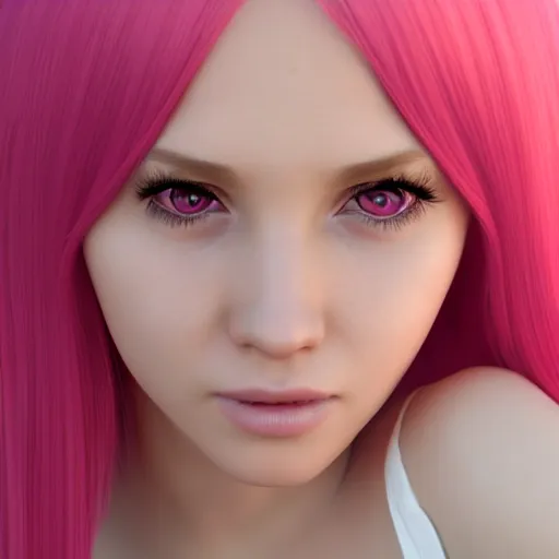 Image similar to A portrait of Nikki from Shining Nikki, a cute 3d cgi toon young woman with long pink hair, full bangs, hazel amber eyes, full face, light makeup, pale skin, Chinese, medium shot, mid-shot, soft focus, 4k, trending on artstation