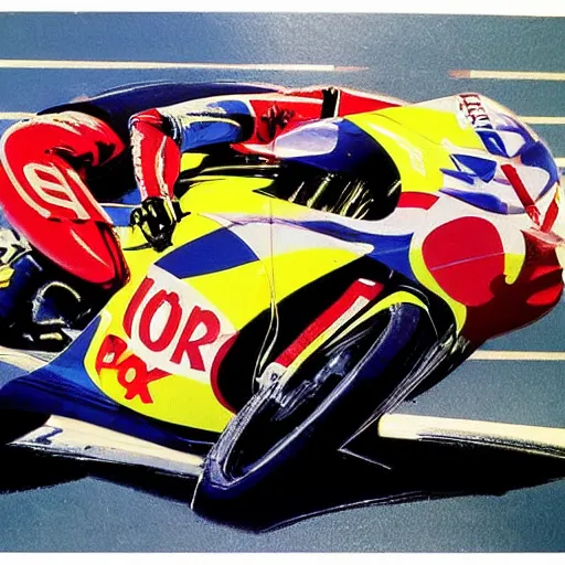 Prompt: photorealistic picture, by bob peak and alex ross, moto gp ads in 1 9 9 0 s, gouache and wash paints, fine details, fine intricate, fine facial proportionate, fine body proportionate, fine fix broken line, smooth sharp focus, sharp focus