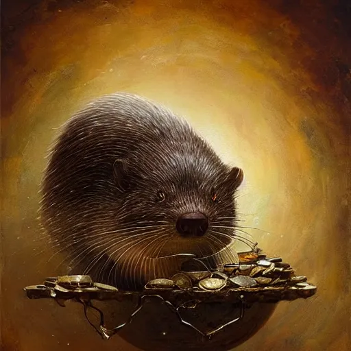 Image similar to a beautiful detailed 3d matte portrait of a alchemist beaver, by ellen jewett, by tomasz alen kopera, by Justin Gerard, ominous, magical realism, texture, intricate, skull, skeleton, gold coins, money, whirling smoke, alchemist bottles, radiant colors, fantasy, volumetric lighting, high details