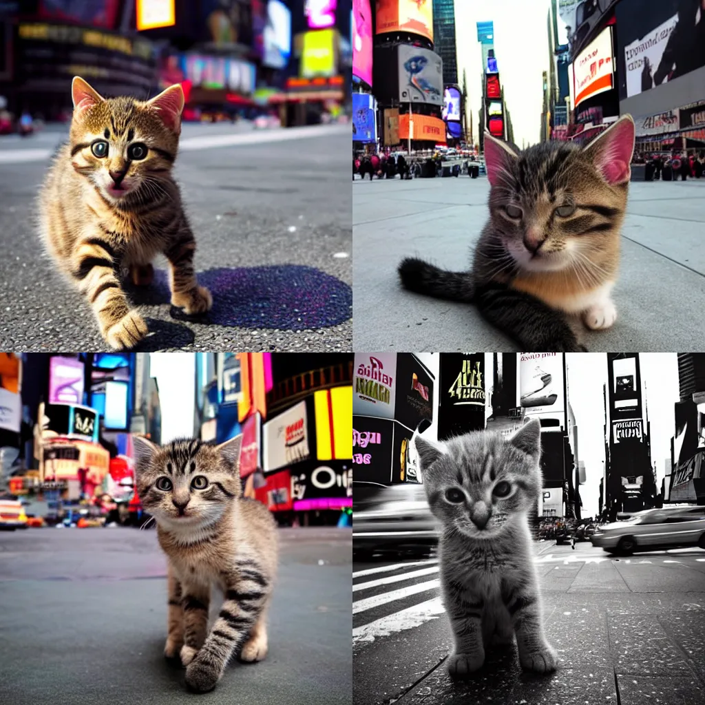 Prompt: baby cat in new york times square, award winning photo