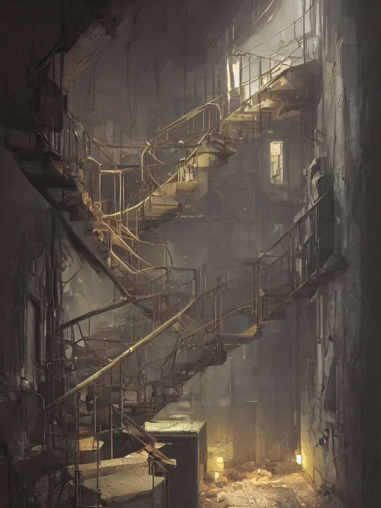 Image similar to down a basement staircase in a painting from stalenhag, 4 k, 8 k, hdr, artstation, concept art