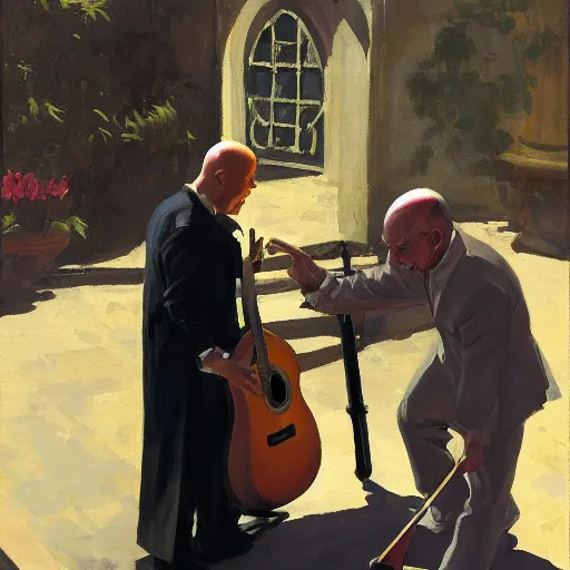 Prompt: a portrait of agent 4 7 from hitman dressed as a gardener playing a guitar in a monestary next to an elderly priest, by gregory manchess, james gurney, james jean