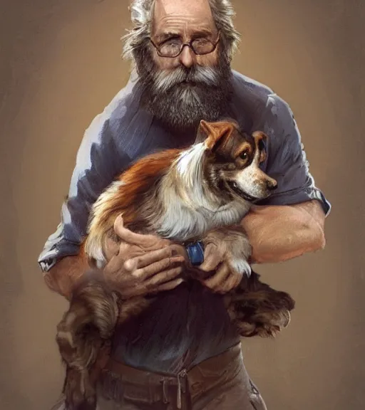 Prompt: full portrait of a old, ruggedly handsome bearded man holding corgi dog, real hands, soft hair, muscular, half body, cloth, d & d, fantasy, intricate, elegant, highly detailed, digital painting, artstation, concept art, smooth, sharp focus, illustration, art by artgerm and greg rutkowski and alphonse mucha